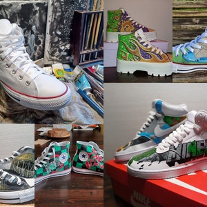 High-top Custom Hand Painted Sneakers. Send us your shoes and let us design great shoes for you. Your ideas, your shoes, our art.