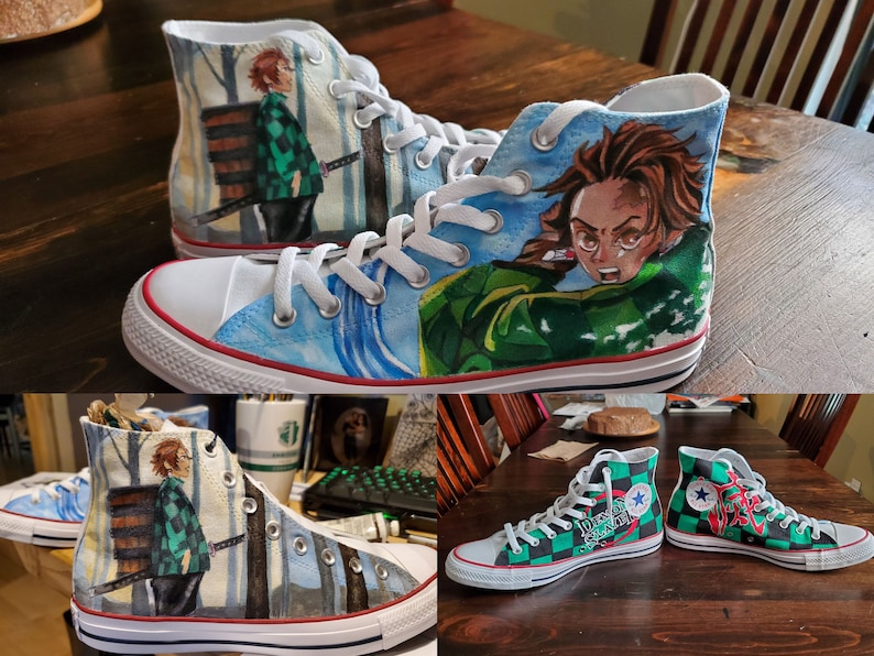 May include: Custom-painted high-top canvas sneakers featuring anime-style artwork. One pair depicts a character with brown hair and a green and black checkered pattern. The other pair shows a character with brown hair and a green checkered pattern.