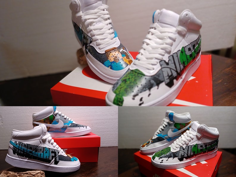May include: White high-top sneakers with custom Minecraft-themed artwork. The shoes feature hand-painted designs with the Minecraft logo and characters in various colors. The sneakers are displayed on a red Nike box.