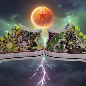 May include: Pair of custom high-top sneakers featuring detailed artwork of a character from Dragon Ball Z. The shoes have a white rubber sole, with the artwork in shades of green, yellow, and brown. The background shows a stormy sky and a glowing orange orb.