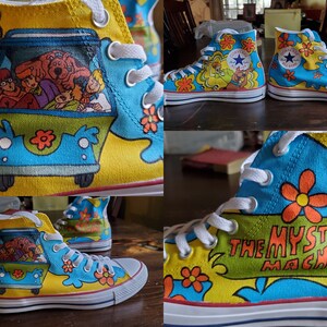 May include: Custom-painted high-top canvas sneakers featuring the Mystery Machine from Scooby-Doo. The shoes have a yellow base with blue accents and orange flower details. The Mystery Machine van is depicted on the side, and the phrase "The Mystery Machine" is displayed.