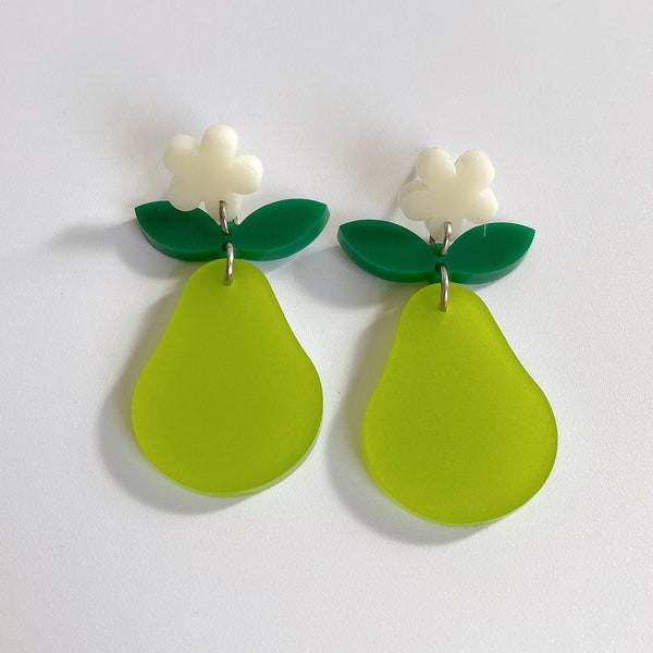 70s Retro Pear Blossom Statement Earrings | Lightweight Silver Plated Fruit Earrings