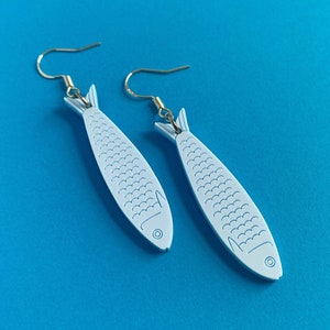 Lightweight Blue Tinned Fish Earrings with Silver-Plated Ear Wires for Sensitive Ears