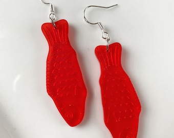 Lightweight Swedish Fish Gummy Candy Earrings with Gold- or Silver-Plated Ear Wires for Sensitive Ears