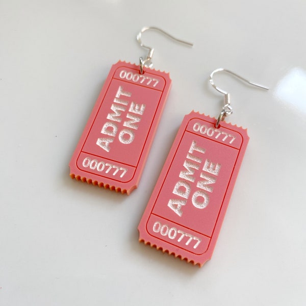 Lightweight Pink "Admit One" Ticket Earrings | Silver-Plated Ear Wires for Sensitive Ears