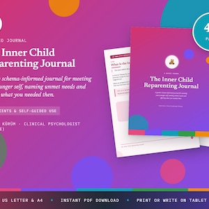 Puede incluir: Un diario guiado de 49 páginas titulado The Inner Child Reparenting Journal de Bade Kürüm. La portada presenta un fondo degradado en morado y rosa con círculos coloridos, un icono de oso de peluche y texto que describe el propósito.