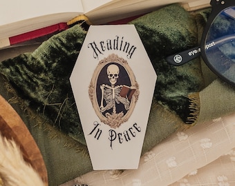 Reading Skeleton Coffin Sticker: Spooky Halloween Vinyl