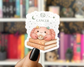 Cancer Book Lover Kawaii Sticker: Bookish Zodiac Astrology Gift
