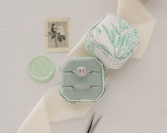 Green Toile Linen Ring Box: Sage Velvet Double Slot Bridal Jewelry Holder