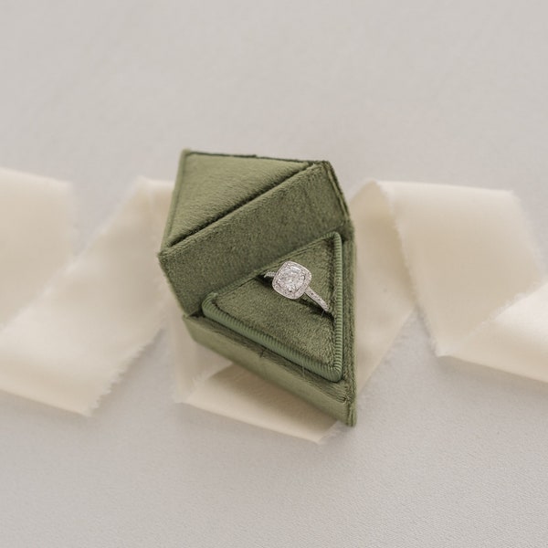 Triangle Velvet Ring Box, Green, Single Slot for Proposal, Promise Ring, Engagement, Elopement, Geometric, Custom Wedding Flat Lay Details