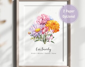 Family Birth Flower Bouquet, Wall Art, Personalized Mother's Day Gift, Watercolor Flower, Grandma's Garden, Deckled Edge Handmade Paper