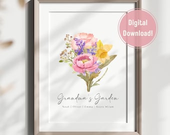 Personalized Birth Flower Bouquet Print: Watercolor Family Art (Digital Download)