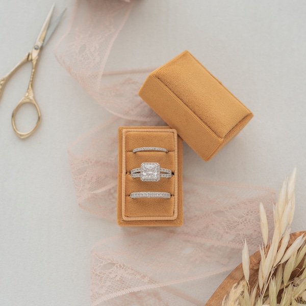 Three Slot Velvet Ring Box, Golden Copper, Rectangle, Custom Monogram Triple Wedding Ring Jewelry Box for Ceremony, and Flat Lay Props