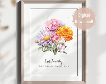Family Birth Flower Bouquet, Birth Month Wall Art, Personalized Mother&#39;s Day Gift, Watercolor Flower, Grandma&#39;s Garden, Digital Print