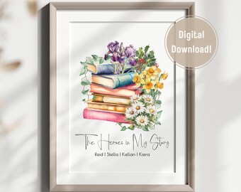 Family Birth Flowers, Birth Month Wall Art, Personalized Bookish Gift For Mom, Wildflower Grandma&#39;s Garden, Cottagecore Books, Digital Print