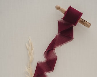 Wine Red Silk Chiffon Ribbon |  1.5" By the Yard Chiffon Ribbon, Hand Dyed, Hand Torn Frayed Edges, for Bouquet, Invitations, Flat Lays