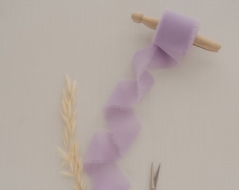 Lavender Silk Chiffon Ribbon |  1.5" By the Yard Chiffon Ribbon, Hand Dyed, Hand Torn with Frayed Edges, for Bouquet, Invitations, Flat Lays