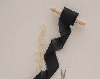 Black Silk Chiffon Ribbon |  1.5" By the Yard Chiffon Ribbon, Hand Dyed, Hand Torn Frayed Edges, for Bouquet, Invitations, Flat Lays