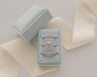 Three Slot Velvet Ring Box, Pastel Blue, Rectangle, Custom Monogram Triple Wedding Ring Jewelry Box for Ceremony, and Flat Lay Props