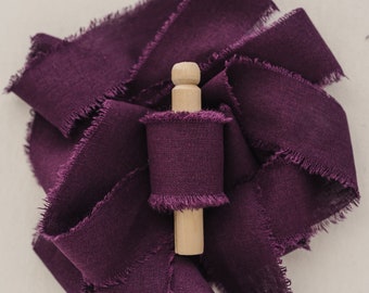 Purple Linen Ribbon, 1.5" By the Yard Plum Cotton Ribbon, Hand Dyed and Hand Torn with Frayed Edges, for Bouquet, Invitations, Flat Lays