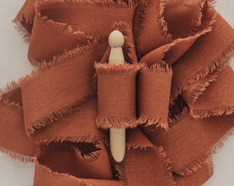 Burnt Orange Linen Ribbon, 1.5" By the Yard Cotton Ribbon, Hand Dyed and Hand Torn with Frayed Edges, for Bouquet, Invitations, Flat Lays