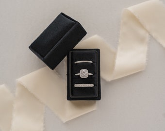 Three Slot Velvet Ring Box, Black, Rectangle, Custom Monogram Triple Wedding Ring Jewelry Box for Ceremony, and Flat Lay Props