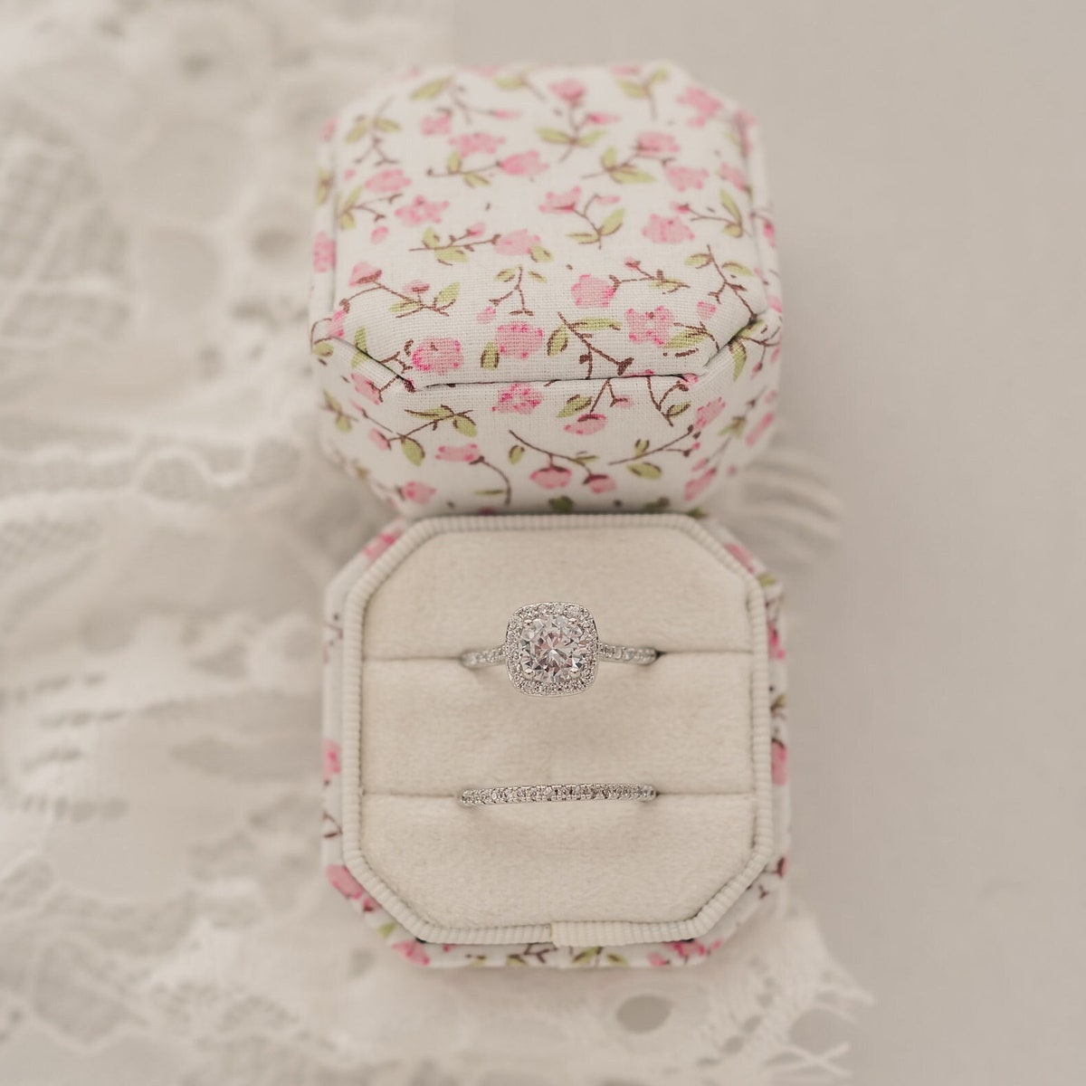 Floral Linen Ring Box, Ivory Velvet and Pink Botanical Linen, Double Slot Jewelry Box for Rings, Wedding Ceremony, Bride to Be Wedding Gift - Etsy