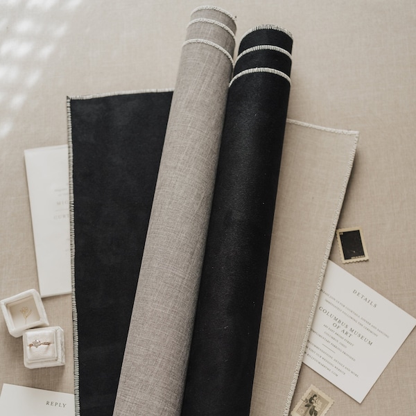 Black Suede Styling Mat - Double Sided Black Suede and Linen, Flat Lay Photography Backdrop for Weddings and Product Photos