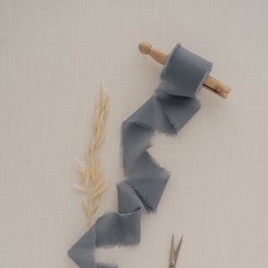 Dusty Blue Silk Chiffon Ribbon |  1.5" By the Yard Chiffon Ribbon, Hand Dyed, Hand Torn Frayed Edges, for Bouquet, Invitations, Flat Lays