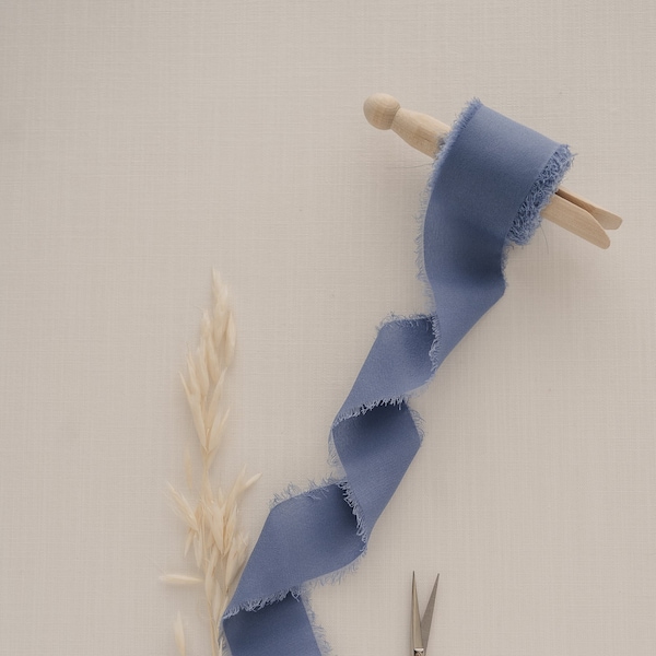 Blue Silk Chiffon Ribbon |  1.5" By the Yard Chiffon Ribbon, Hand Dyed, Hand Torn Frayed Edges, for Bouquet, Invitations, Flat Lays