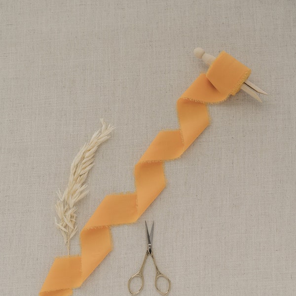Mustard Silk Chiffon Ribbon |  1.5" By the Yard Yellow Chiffon Ribbon, Hand Dyed, Hand Torn Frayed Edge, for Bouquet, Invitations, Flat Lays