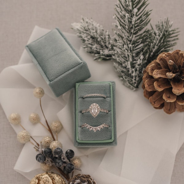 Three Slot Rectangle Velvet Ring Box | Eucalyptus Sage Green Triple Slot Jewelry Box, with Custom Monogram for Wedding Ceremony, and Gift