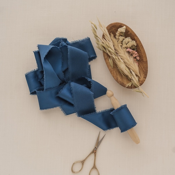 Navy Blue 100% Real Silk Ribbon | 1.5" By the Yard Luxury Silk Ribbon, for Wedding Bouquet, Wedding Invitations, Gift Wrapping, Hair Bows
