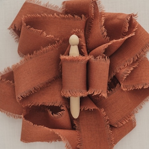 Burnt Orange Linen Ribbon, 1.5" By the Yard Cotton Ribbon, Hand Dyed and Hand Torn with Frayed Edges, for Bouquet, Invitations, Flat Lays