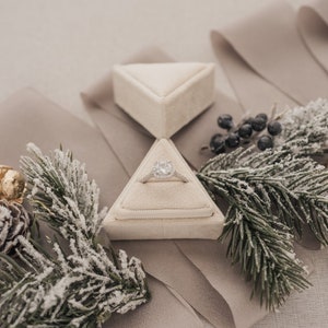 Triangle Velvet Ring Box, White, Single Slot for Proposal, Promise Ring, Engagement, Elopement, Custom Geometric Wedding Flat Lay Details