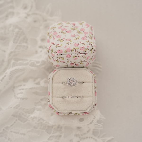 Floral Linen Ring Box, Ivory Velvet and Pink Botanical Linen, Double Slot Jewelry Box for Rings, Wedding Ceremony, Bride to Be Wedding Gift