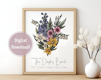 Family Bouquet, Birth Month Flower, Custom Mother's Day Art, Grandma's Garden, Gift for Sister,  Boho Wildflower Wall Art, Digital Print