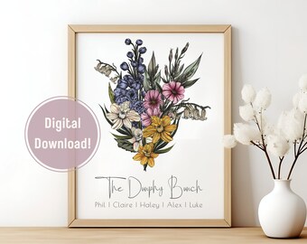 Family Bouquet, Birth Month Flower, Custom Mother&#39;s Day Art, Grandma&#39;s Garden, Gift for Sister,  Boho Wildflower Wall Art, Digital Print