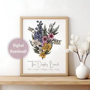 Family Bouquet, Birth Month Flower, Custom Mother's Day Art, Grandma's Garden, Gift for Sister,  Boho Wildflower Wall Art, Digital Print