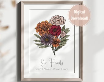 Family Birth Flower Bouquet, Birth Month Wall Art, Personalized Gift For Mom, Wildflower Grandma&#39;s Garden, Gift for Sister, Digital Print