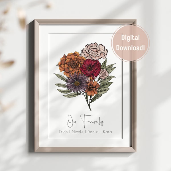 Family Birth Flower Bouquet, Birth Month Wall Art, Personalized Gift For Mom, Wildflower Grandma's Garden, Gift for Sister, Digital Print