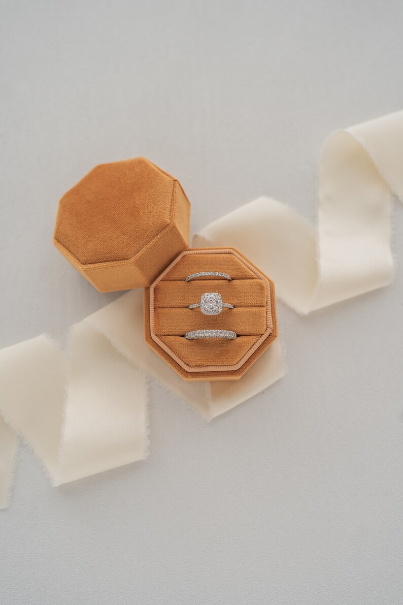 Velvet Octagon Triple Ring Box: Wedding Ring Display & Photography Prop Copper
