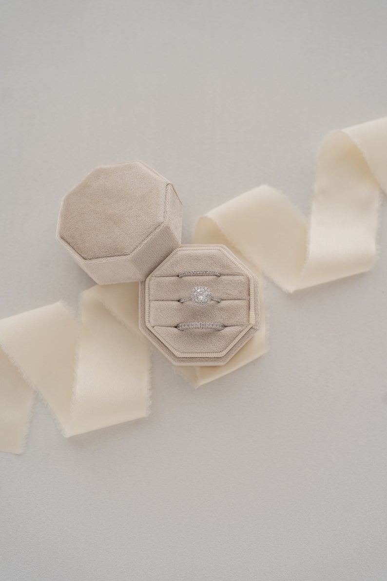 Velvet Octagon Triple Ring Box: Wedding Ring Display & Photography Prop Vanilla