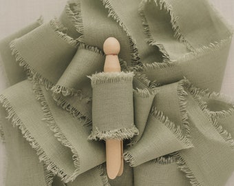 Green Linen Ribbon, 1.5" By the Yard Sage Cotton Ribbon, Hand Dyed and Hand Torn with Frayed Edges, for Bouquet, Invitations, Flat Lays