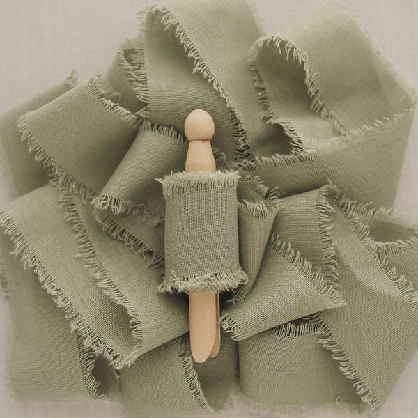 Green Linen Ribbon, 1.5" By the Yard Sage Cotton Ribbon, Hand Dyed and Hand Torn with Frayed Edges, for Bouquet, Invitations, Flat Lays