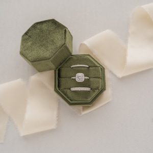 Velvet Octagon Triple Ring Box: Wedding Ring Display & Photography Prop Bronze Green