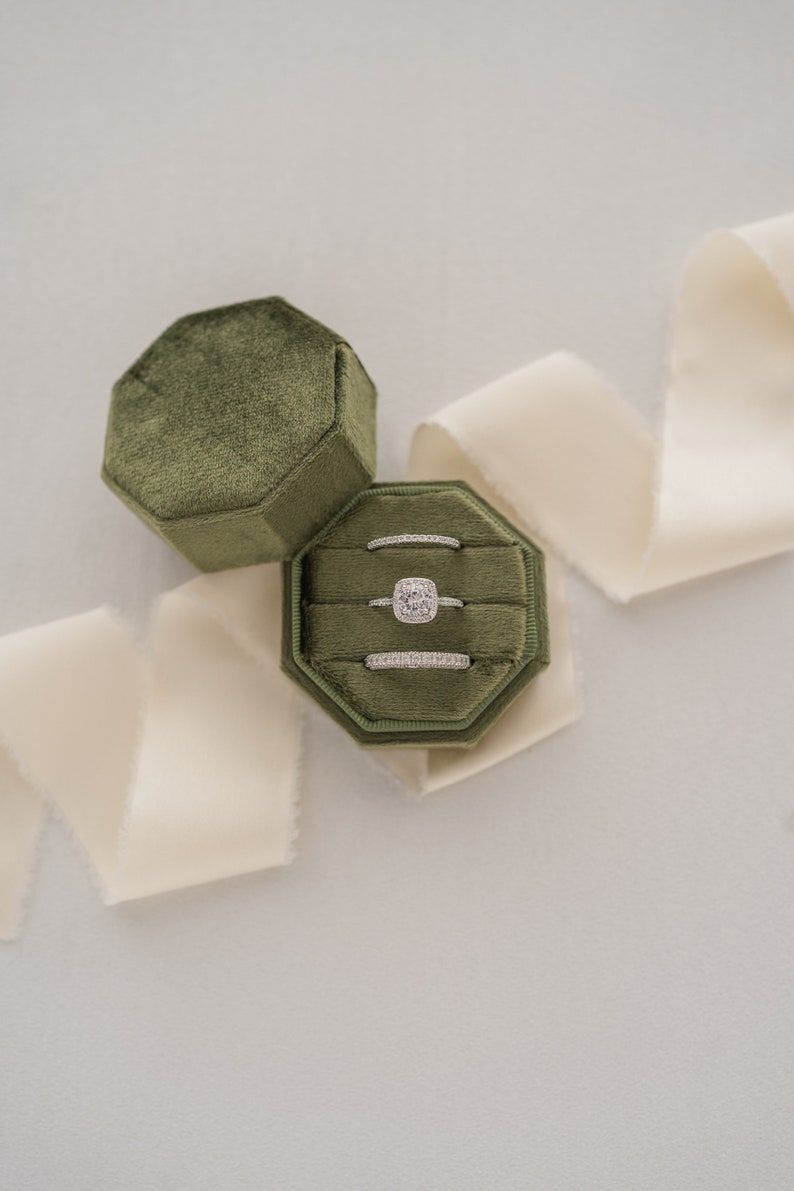 Velvet Octagon Triple Ring Box: Wedding Ring Display & Photography Prop Bronze Green