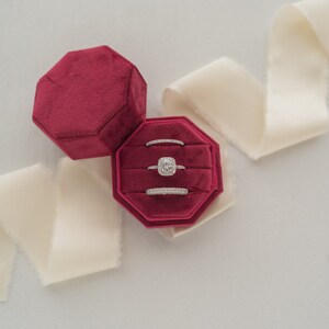 Velvet Octagon Triple Ring Box: Wedding Ring Display & Photography Prop Ruby