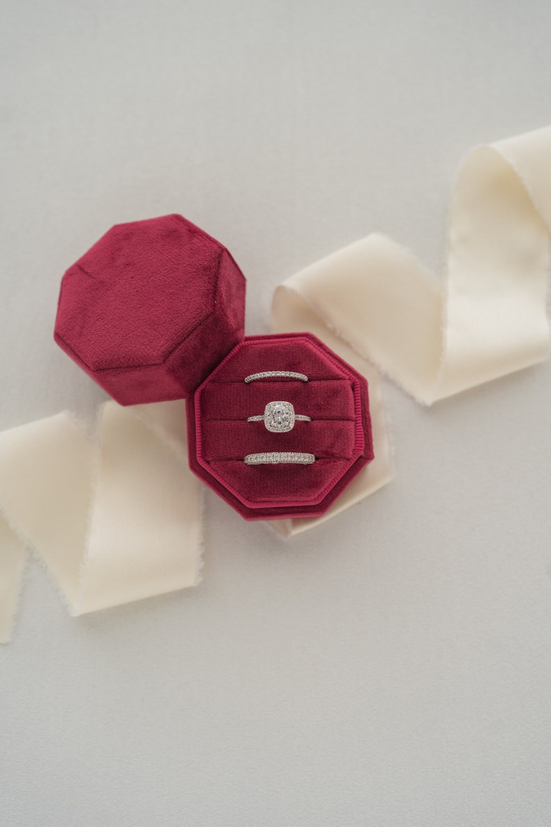 Velvet Octagon Triple Ring Box: Wedding Ring Display & Photography Prop Ruby