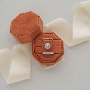 Velvet Octagon Triple Ring Box: Wedding Ring Display & Photography Prop Terracotta